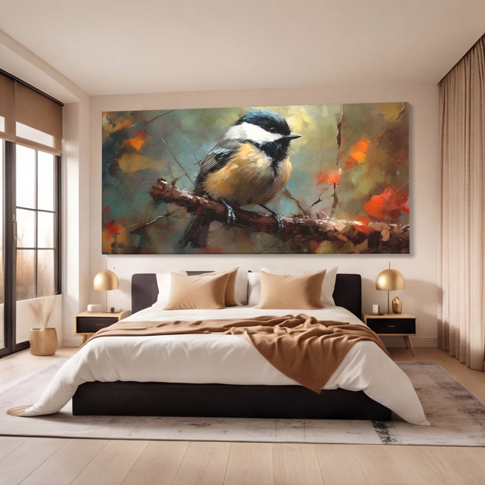 Tablou canvas cu tablou canvas cu pitigoi pe creanga, fara rama, pe sasiu de lemn, pe perete intr-un dormitor